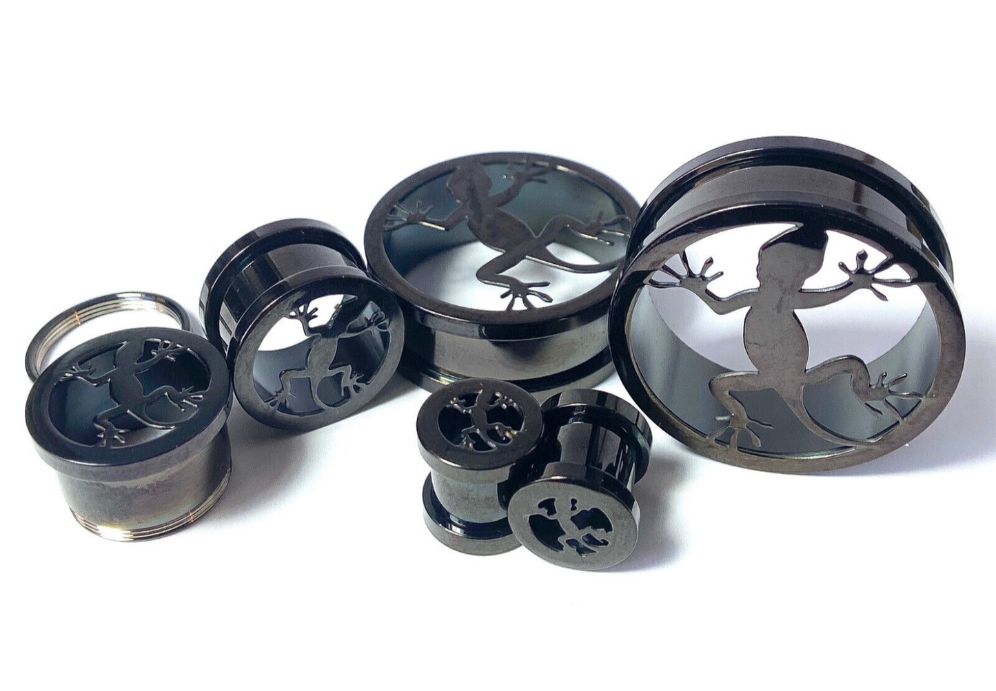 Lizard Plug PAIR Black Lizard Steel Screw Fit Tunnels Plugs Earlet Gauges Gecko Bo ...