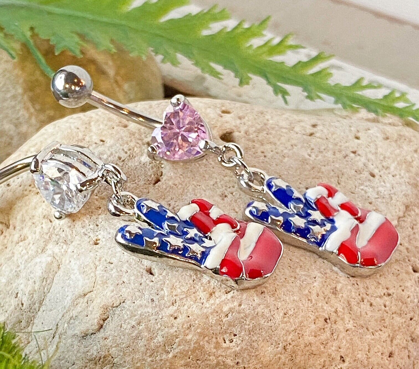 Fingers Peace Sign American Flag Heart Gem Belly Ring Navel Piercing Naval