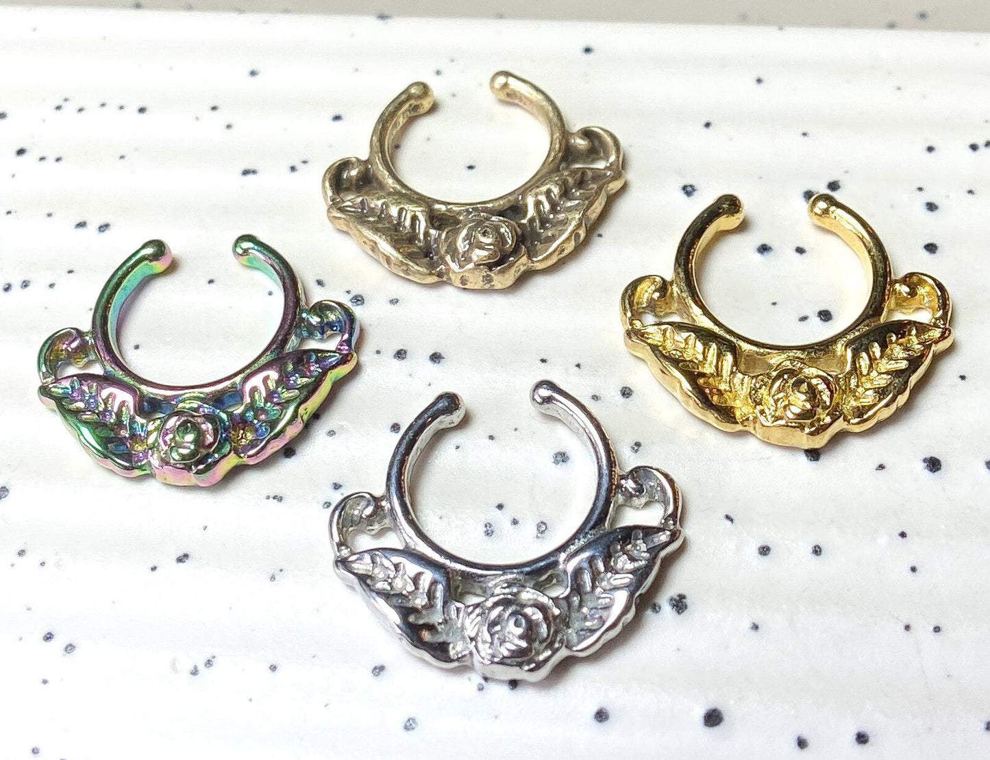 1pc 100% SURGICAL STEEL Non-Piercing Fake Septum Hanger Rose w/ Leaves Clip-on