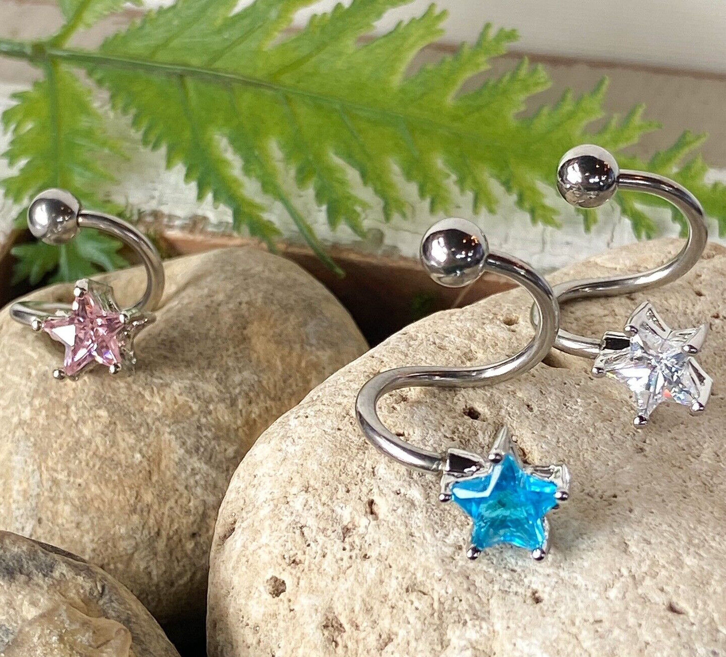 Star CZ Gem Twist Spiral Belly Ring Navel Piercing Pierced Naval