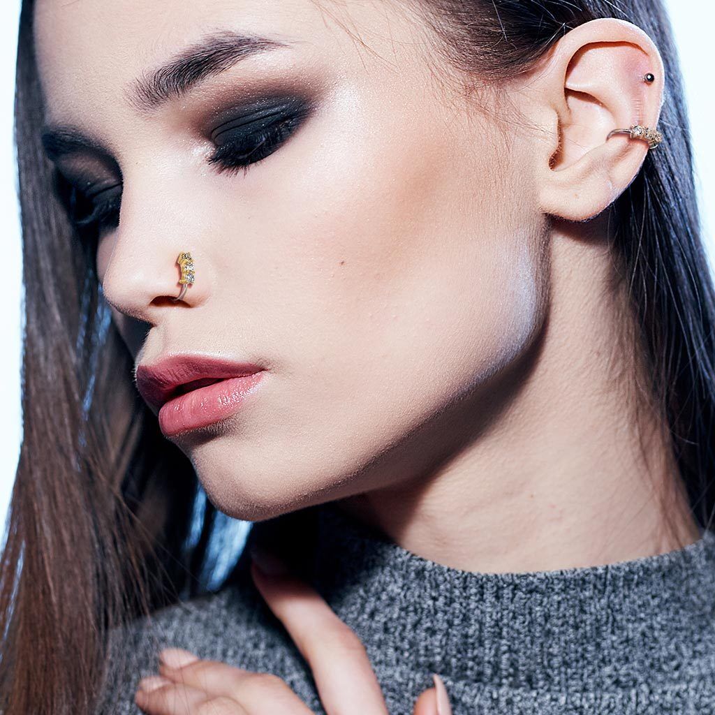 1pc Three Gem Bendable Nose, Cartilage, Helix Hoop Ring Rook Daith Helix Tragus