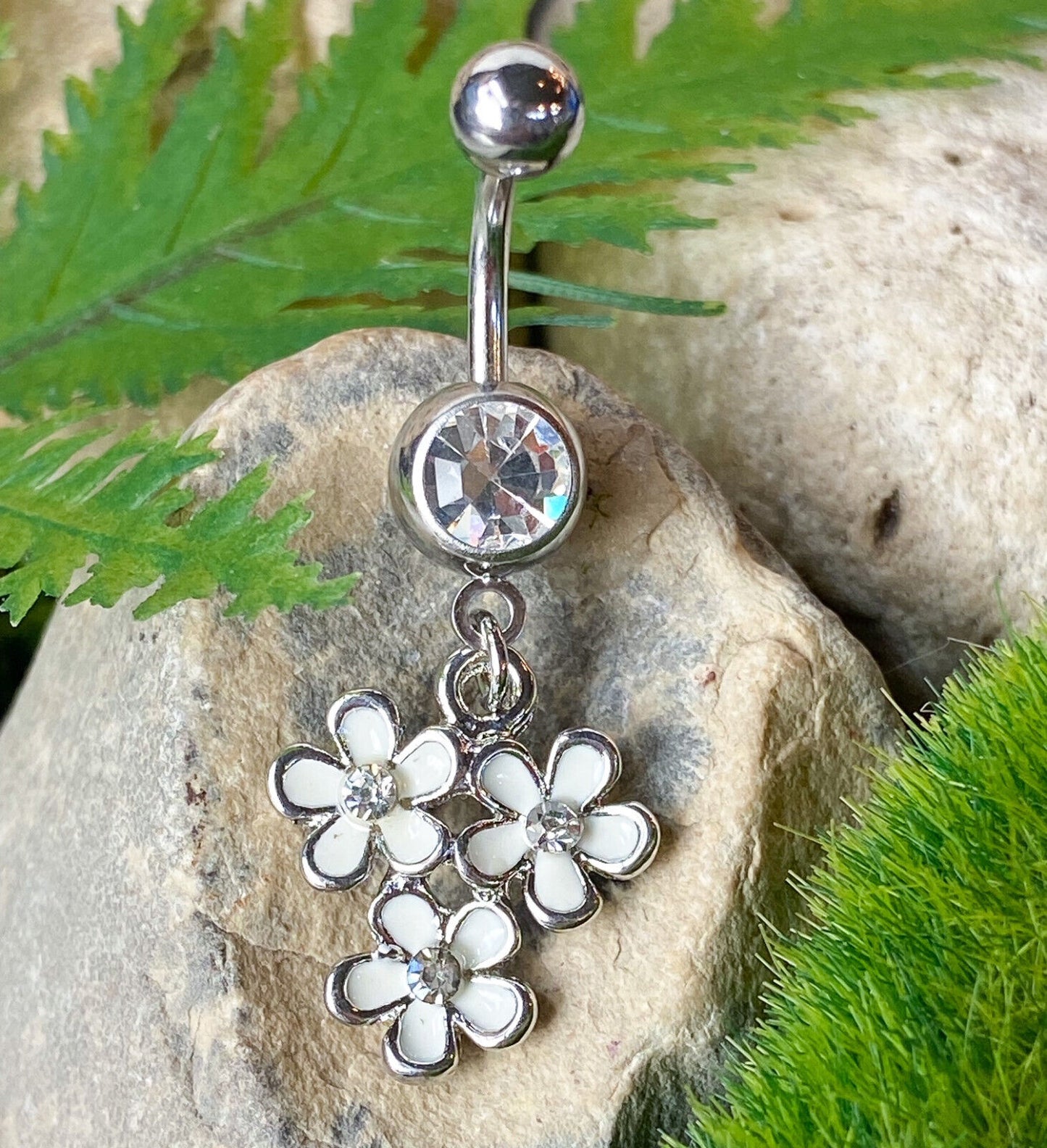 Triple Epoxy Flower CZ Gem Dangle Belly Ring Pierced Navel Pink, White