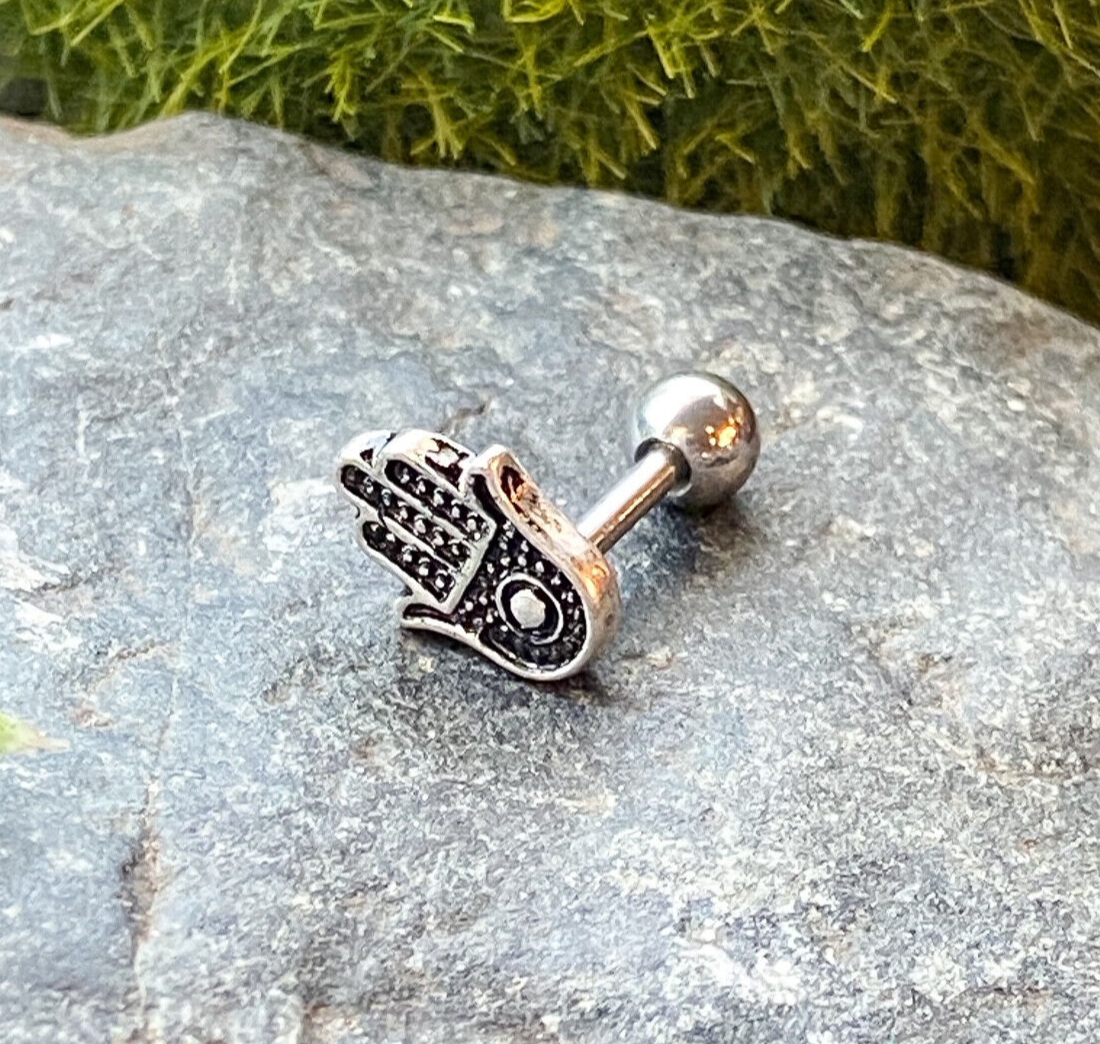 Hamsa Antique Silver Plated Surgical Steel Tragus Helix Ear Cartilage Stud Ring 