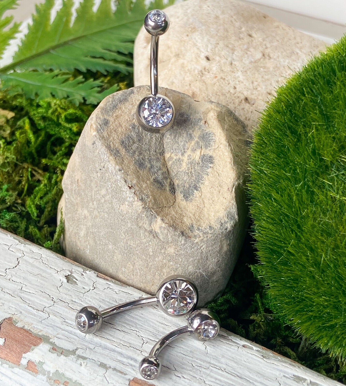 Solid Titanium Double CZ Gem Ball Belly Ring Pierced Navel Naval