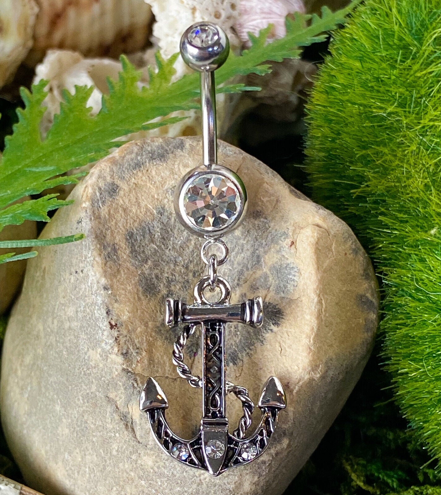 Anchor Dangle Belly Ring Pierced Navel Ship Nautical CZ Gem Clear, Pink, Aqua