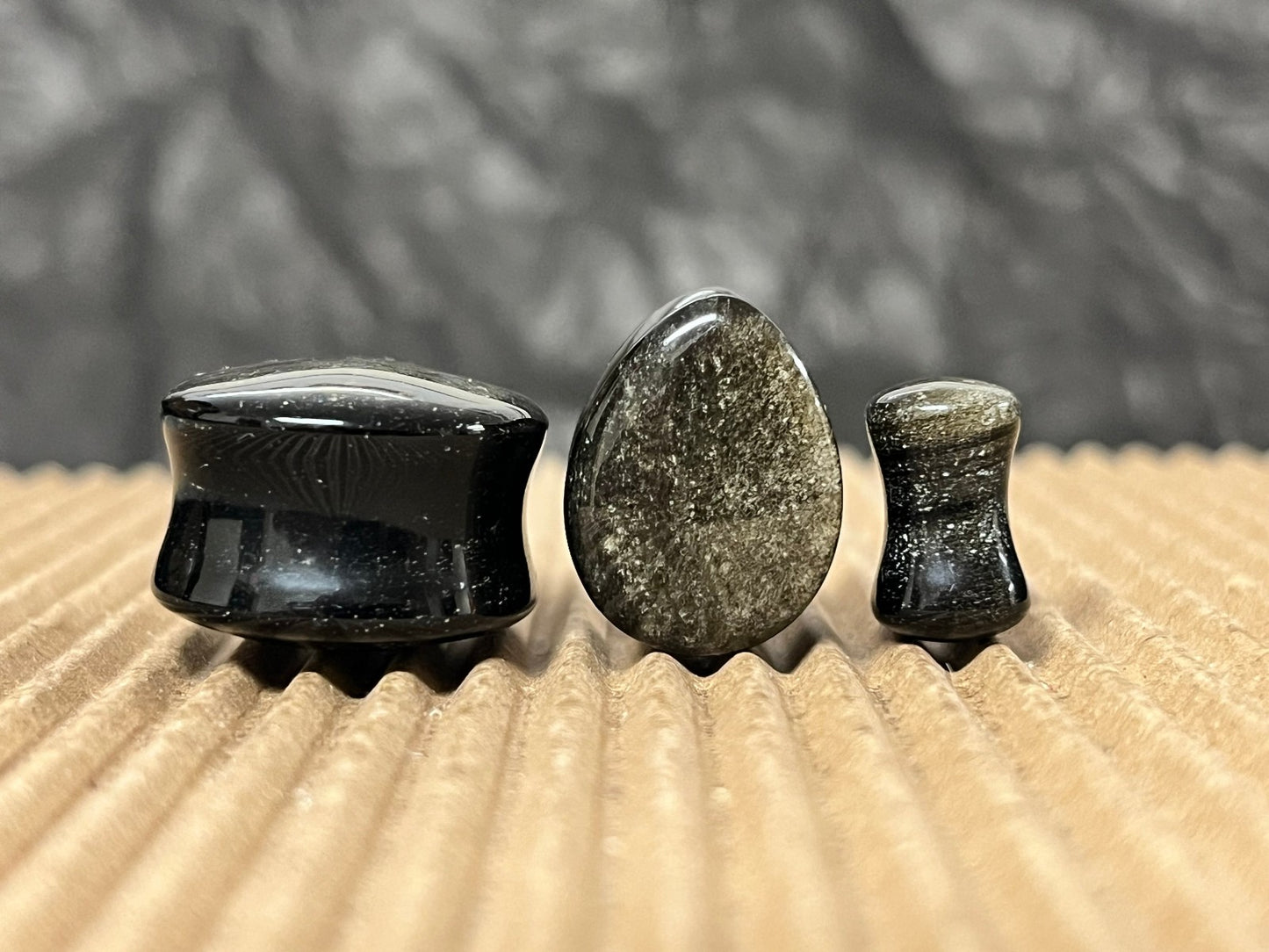 PAIR Teardrop Gold Obsidian Stone Plugs Tear Drop Ear Piercing Earlets Gauges