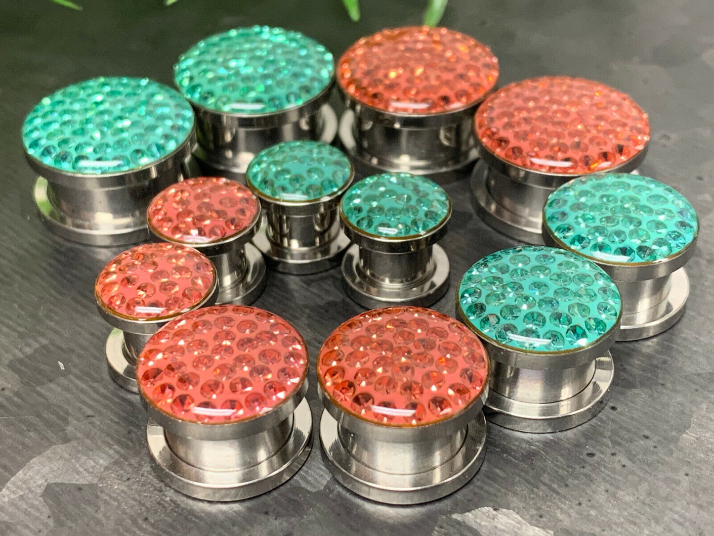 PAIR Epoxy Coated Ferido Gems Screw Fit Plugs Tunnels Earlets Gauges
