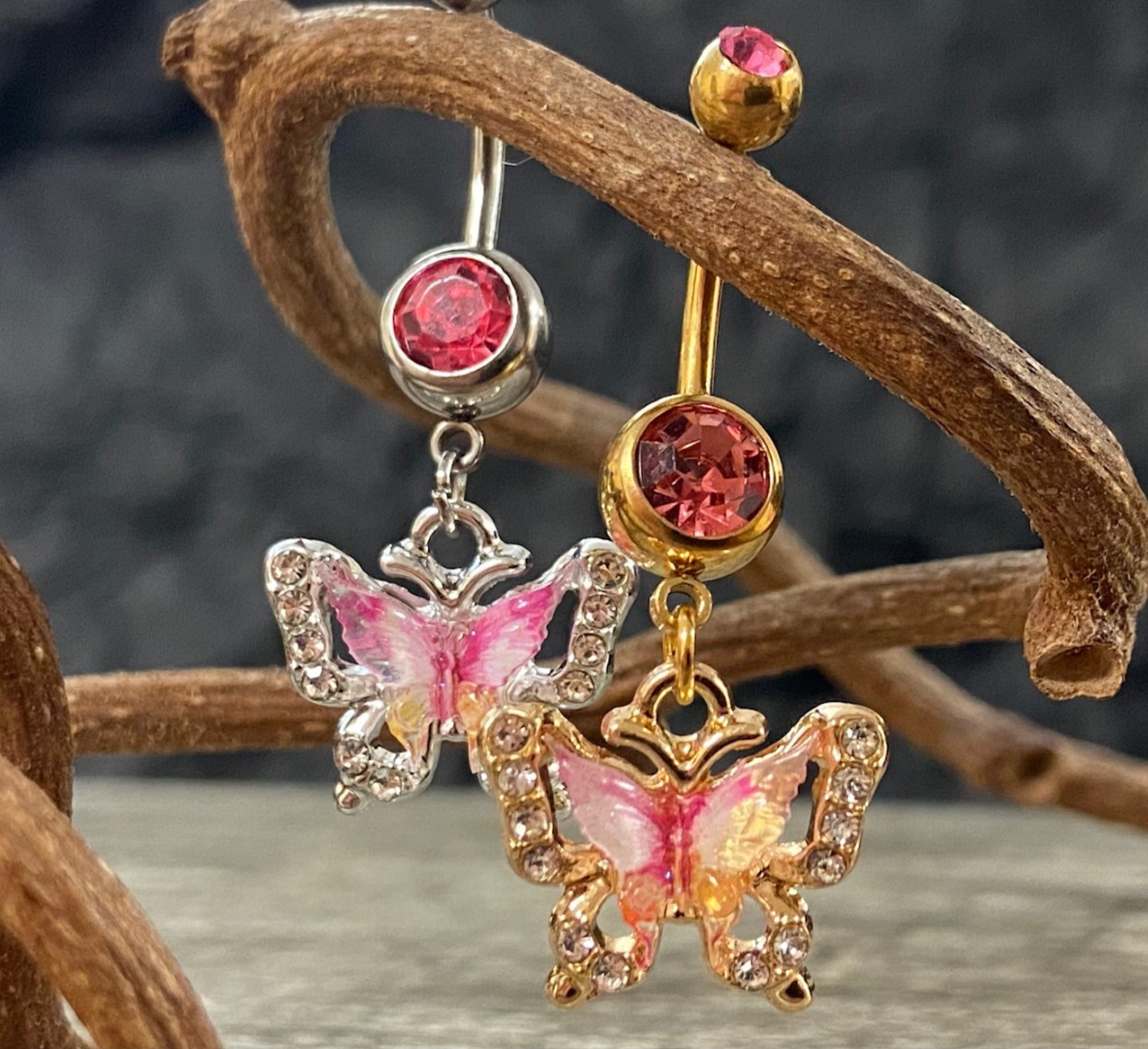 1pc Butterfly Double CZ Gem Belly Ring Navel Piercing Pierced Naval Body Jewelry