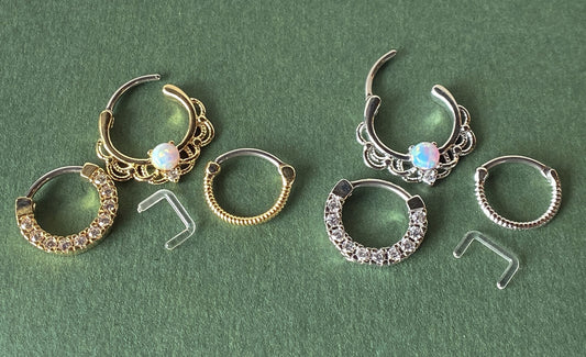 3pc Value Pack: 16g Opal / CZ Gem / Rope Septum Clicker Rings, w/free Retainer!