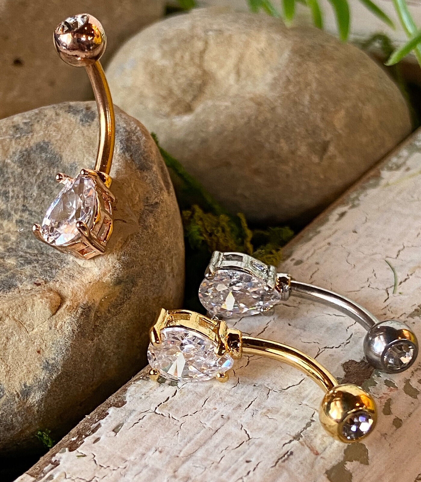 1pc Double Gemmed Teardrop CZ Gem Prong Set Solitaire Belly Ring Navel Naval