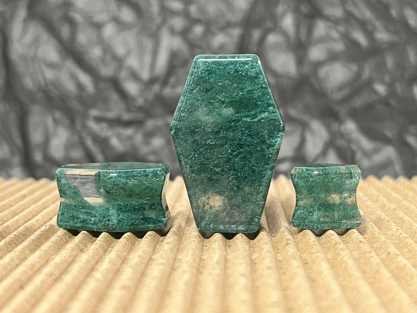 PAIR Mossy Glass Stone Double Flare Coffin Shaped Plugs Gauges Body Jewelry