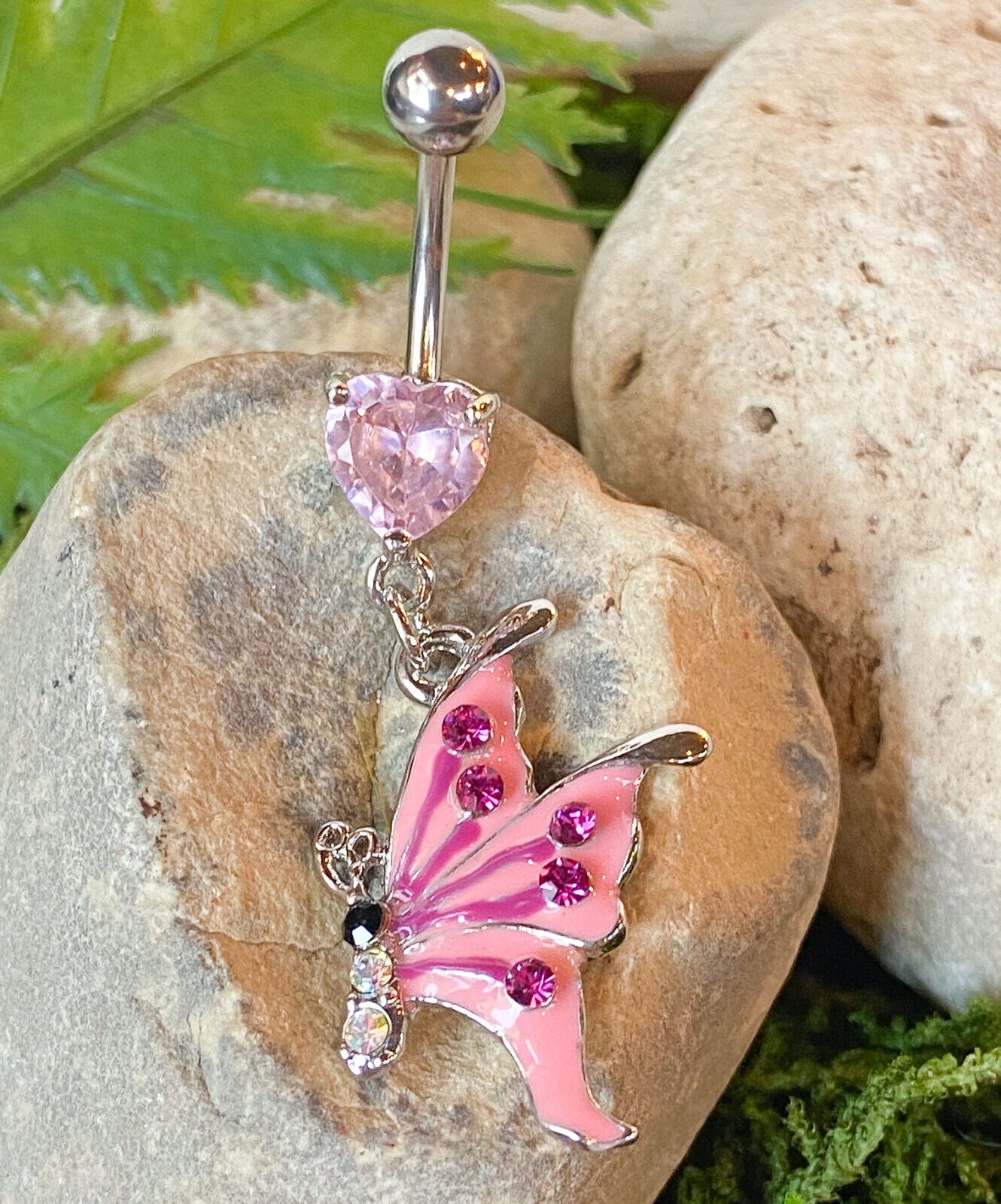 Butterfly Epoxy CZ Gem Belly Ring Navel Naval Clear/White, Pink, Aqua