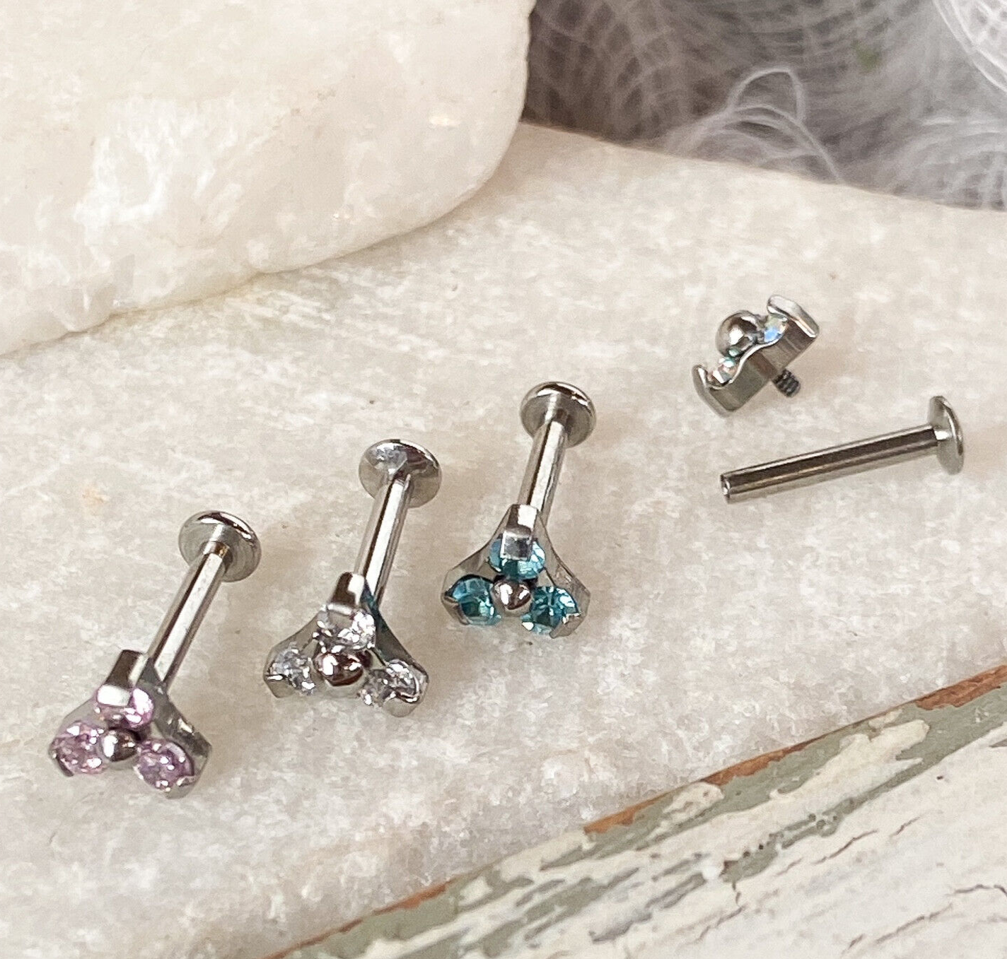 1pc Gem Triangle 16g 8mm Labret Steel Monroe Stud Lip Ring Helix Ear Cartilage