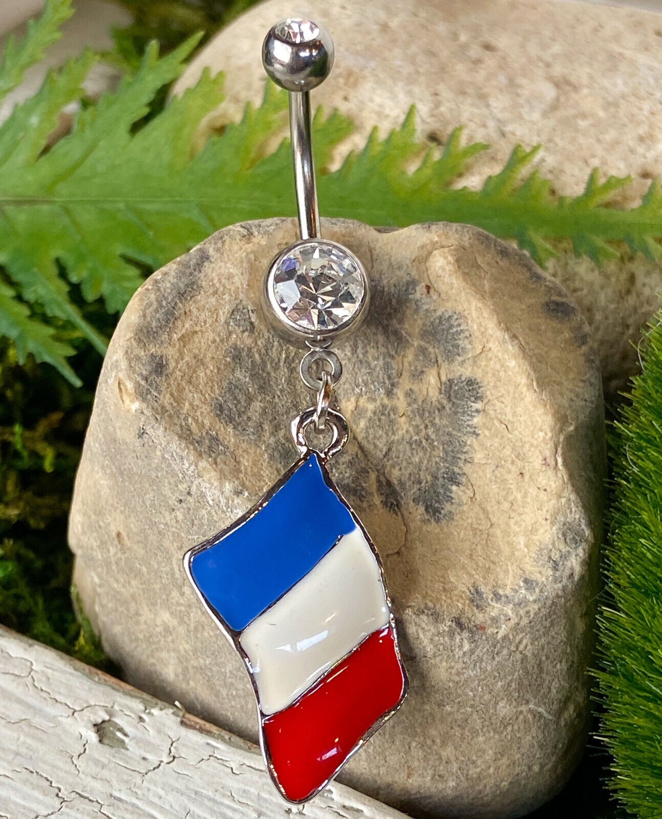 Flag Belly Ring 316L Surgical Steel Pierced Navel Naval Patriotic Country CZ Gem