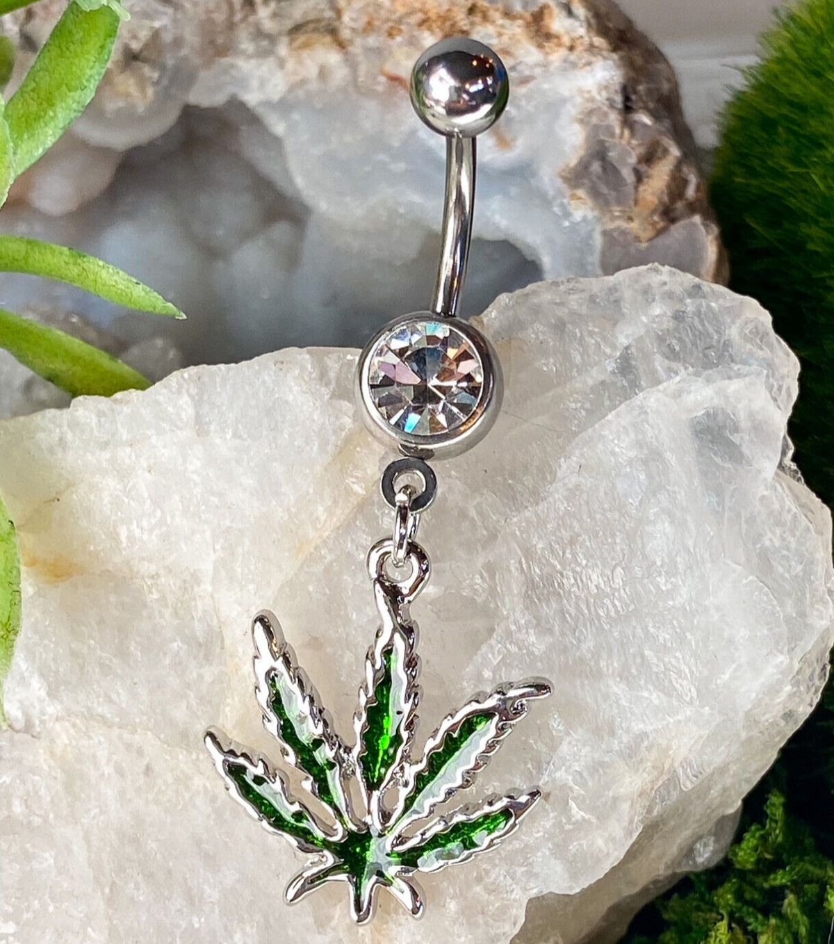 1pc Pot Leaf Gem Belly Ring Marijuana Navel Piercing Pierced Naval Body Jewelry