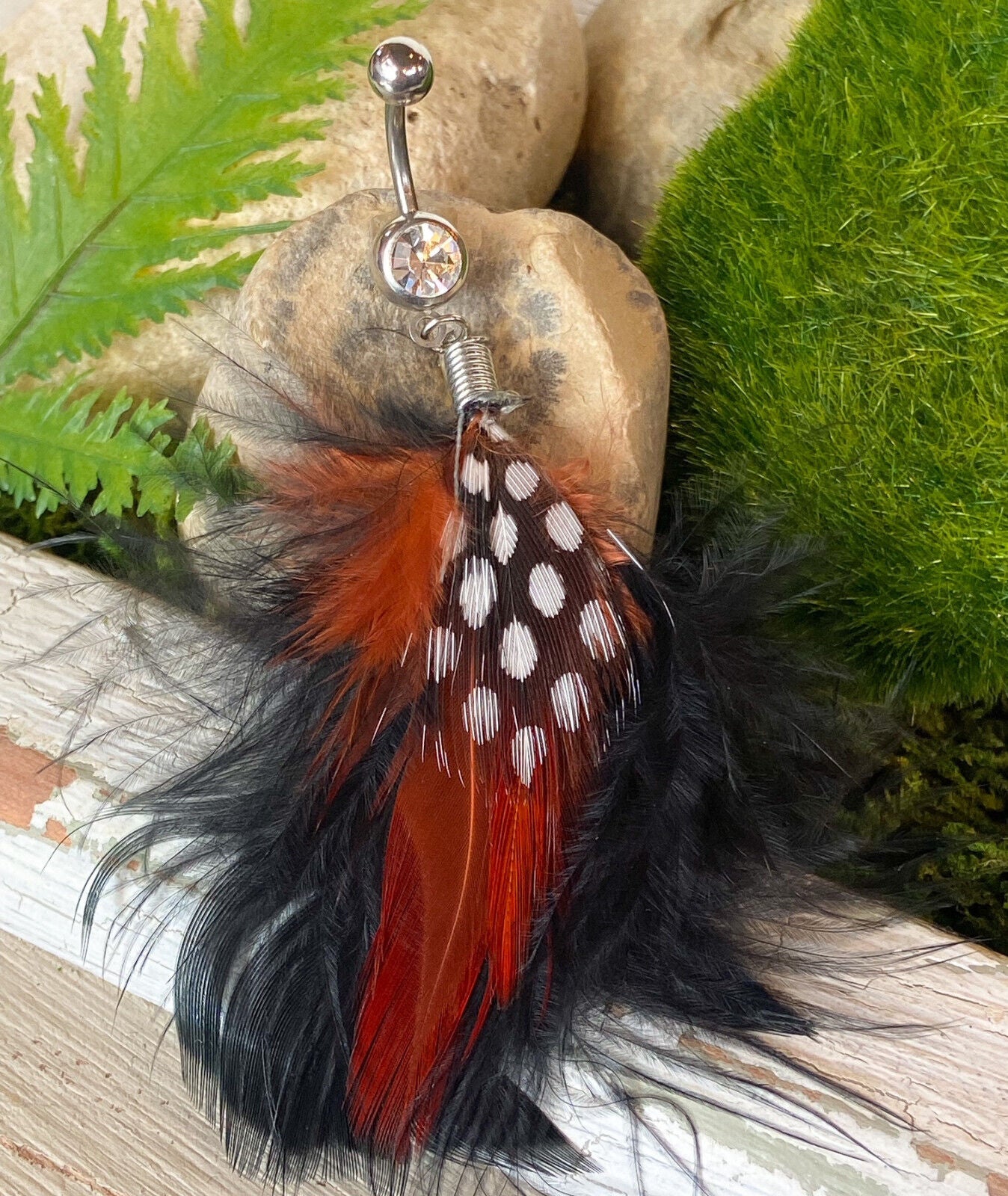 Real Feather Gem Belly Ring Navel Naval Black,Orange,White,Brown,Pink,Green,Red