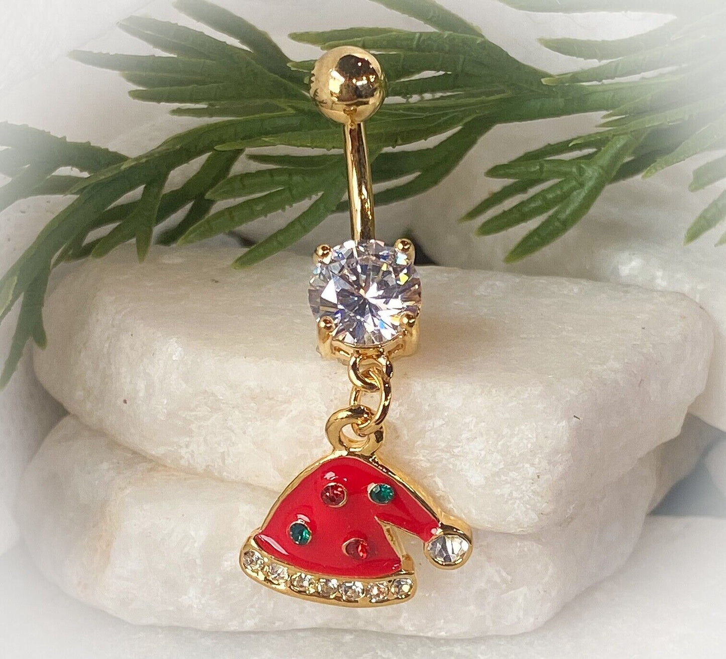 Christmas Dangle Belly Ring Pierced Navel Holiday Surgical Steel 14k Gold IP