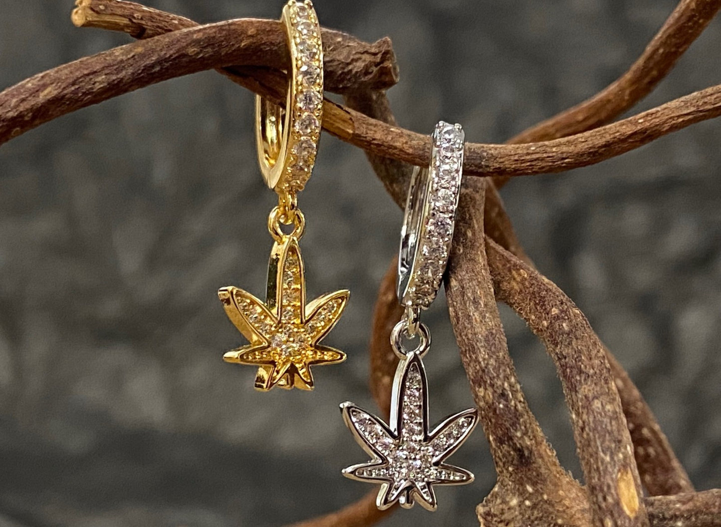 PAIR of CZ Gem Paved Pot Leaf Hinged Hoop Earrings Huggies 18g