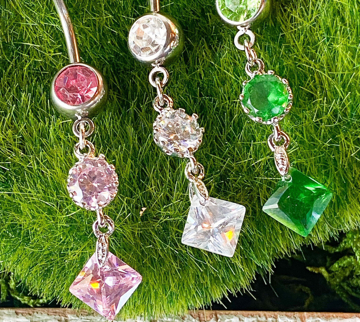 Vintage Princess Cut Press Fit Gem Belly Ring Navel Clear,Green,Pink,Tanzanite