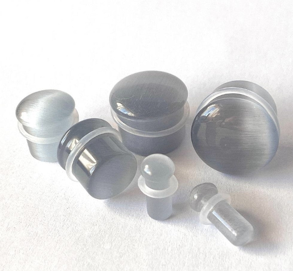 PAIR Gray Cat Eye Stone Plugs Single Flare Tunnels Earlets Gauges Body Jewelry