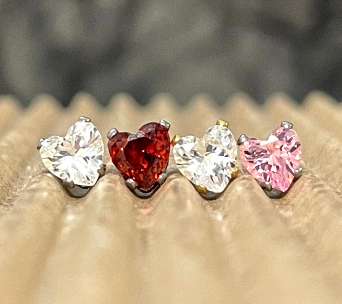 PAIR Heart CZ Gem Stud Earrings 316L Surgical Steel, choose color & gem size