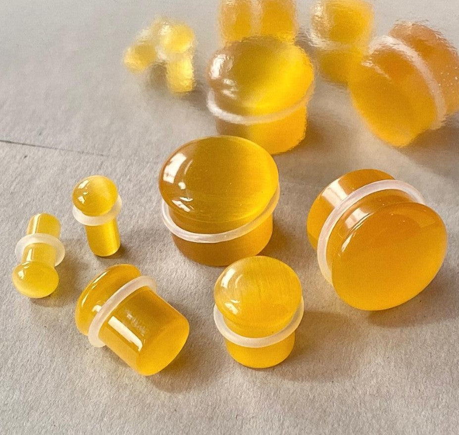 PAIR Yellow Cat Eye Stone Plugs Single Flare Tunnels Earlets Gauges Body Jewelry