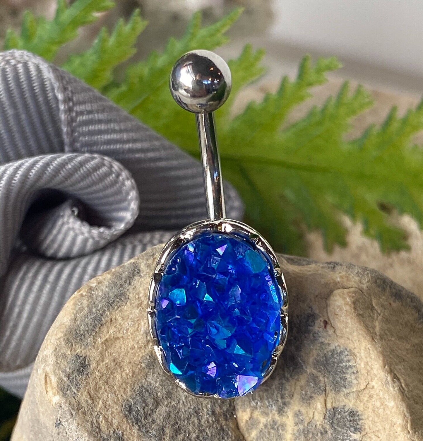 Rough Cut Druzy Stone Iridescent Navel Ring Naval Belly Button Body Jewelry