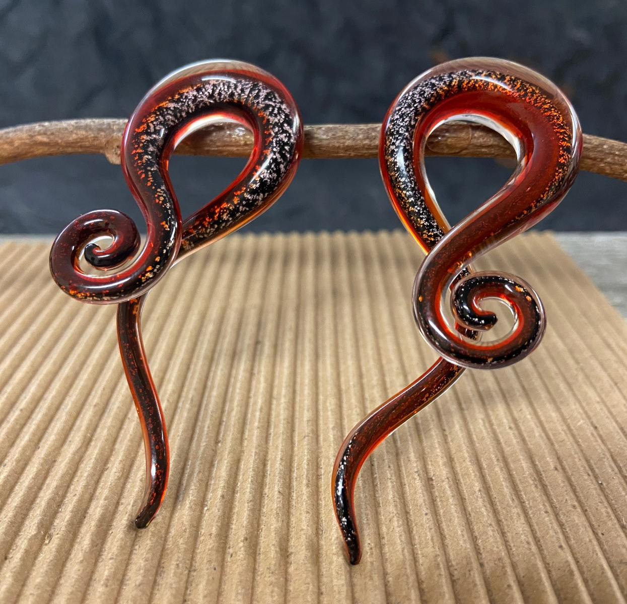 PAIR Red Dichroic Glass Tentacle Spiral Hanging Tapers Expanders Plugs Gauges