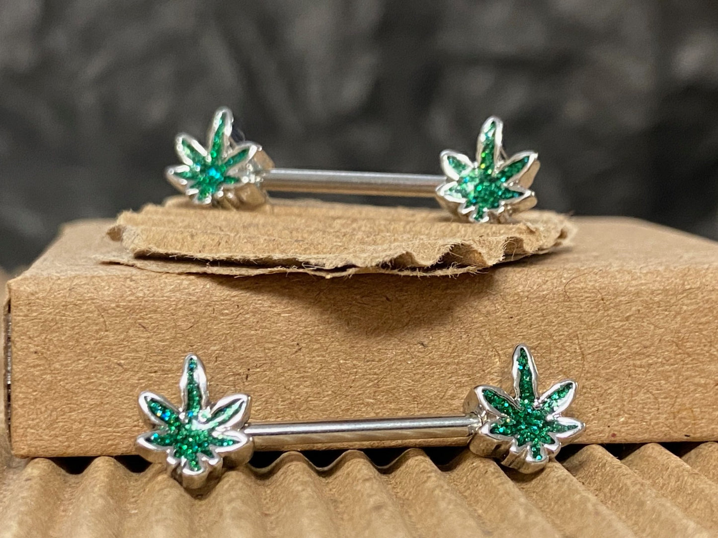 PAIR Glittery Marijuana Leaf Ends Nipple Rings Shields Barbells Pot Body Jewelry