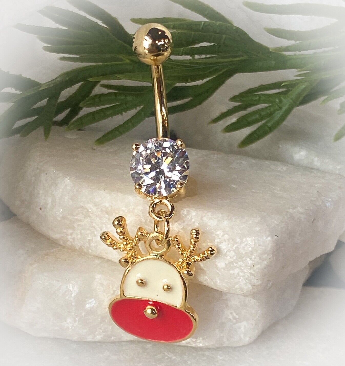 Christmas Dangle Belly Ring Pierced Navel Holiday Surgical Steel 14k Gold IP