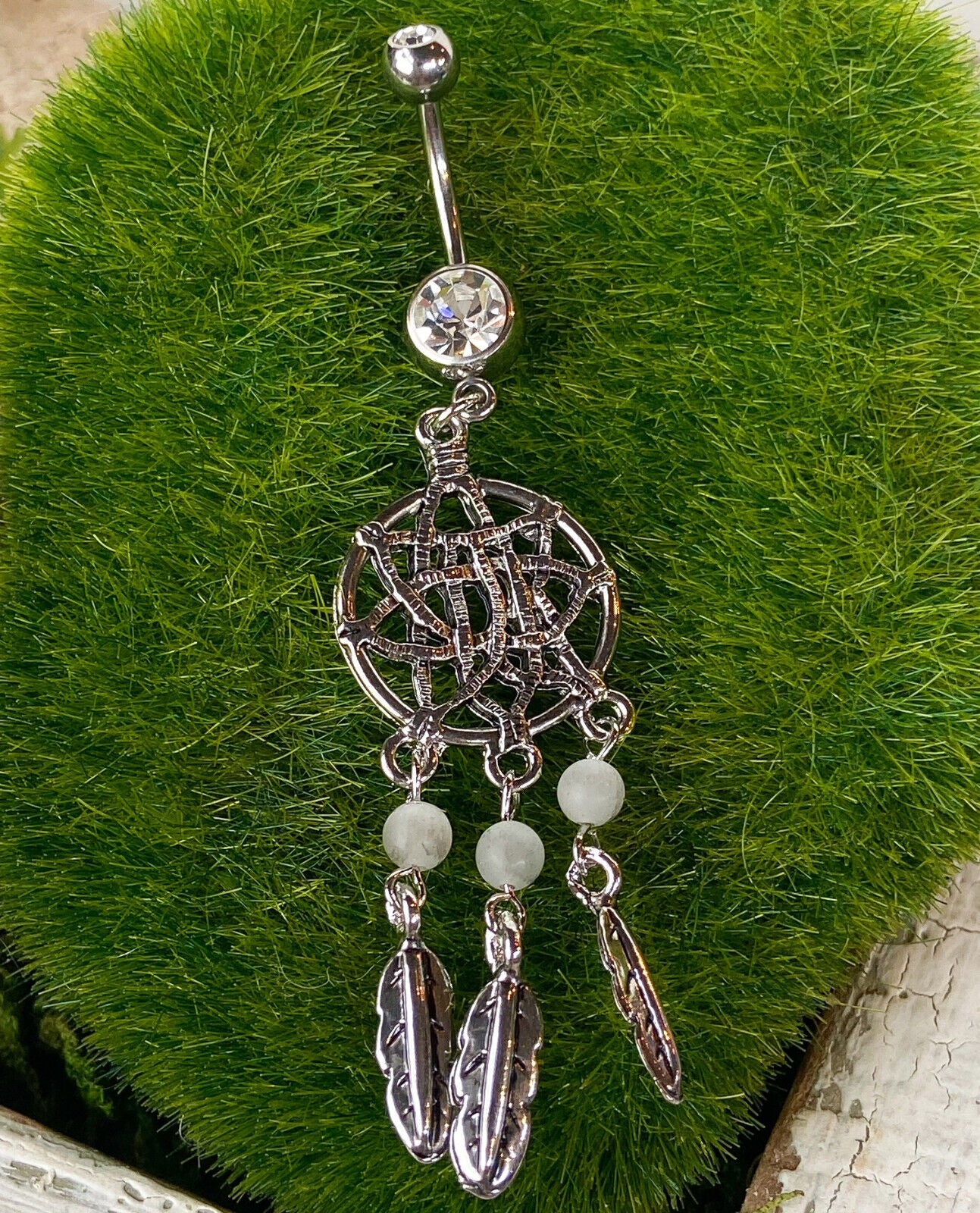 Dream Catcher Beaded Feather CZ Gem Belly Ring Navel Naval Clear, Pink, Aqua