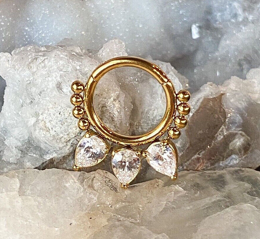 1pc Pear CZ Gems & Beads Hinged Segment Ring 16g Septum Clicker Helix Cartilage