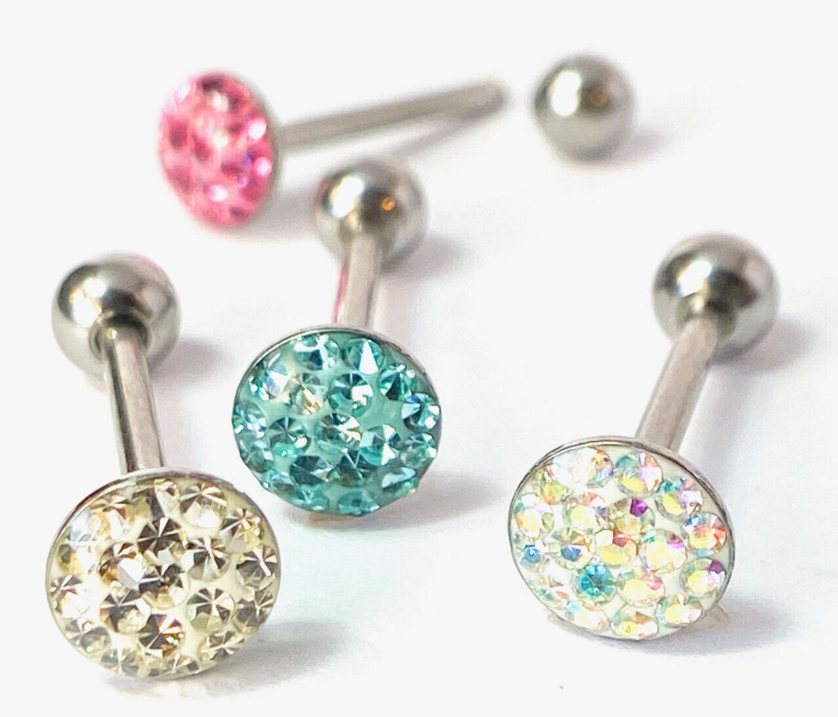 1pc Epoxy Coated Round Paved Crystals Tongue Tounge Ring Barbell Body Jewelry