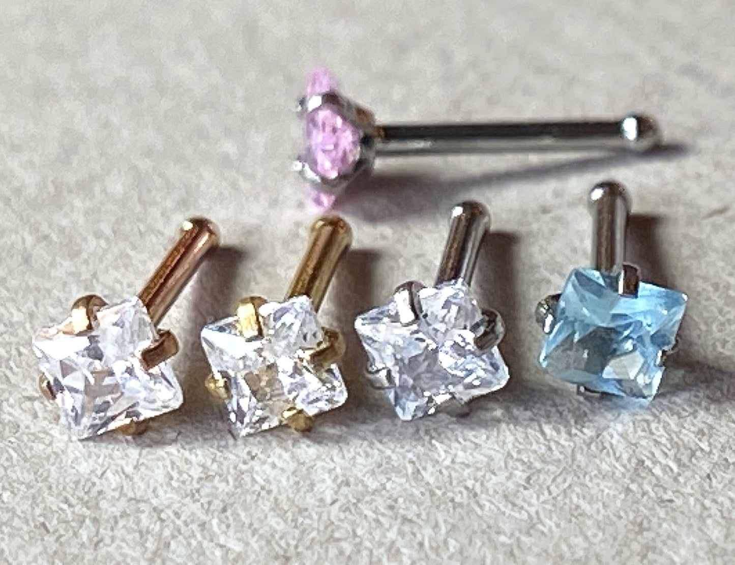 5pcs Prong Set Square Gem Nose Ring Studs Bones 316L Surgical Steel Body Jewelry