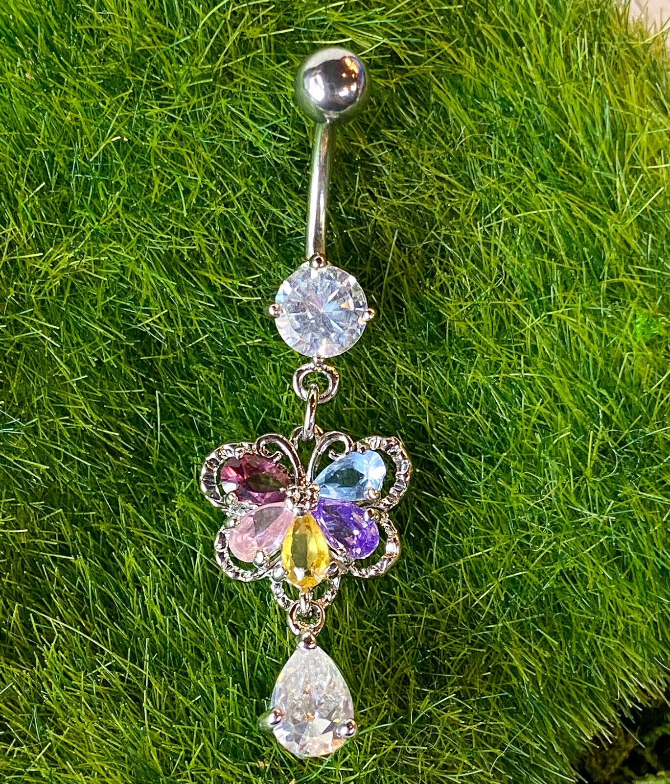 Butterfly CZ Gem Belly Ring Navel Naval Teardrop Dangle Clear, Mulitcolor