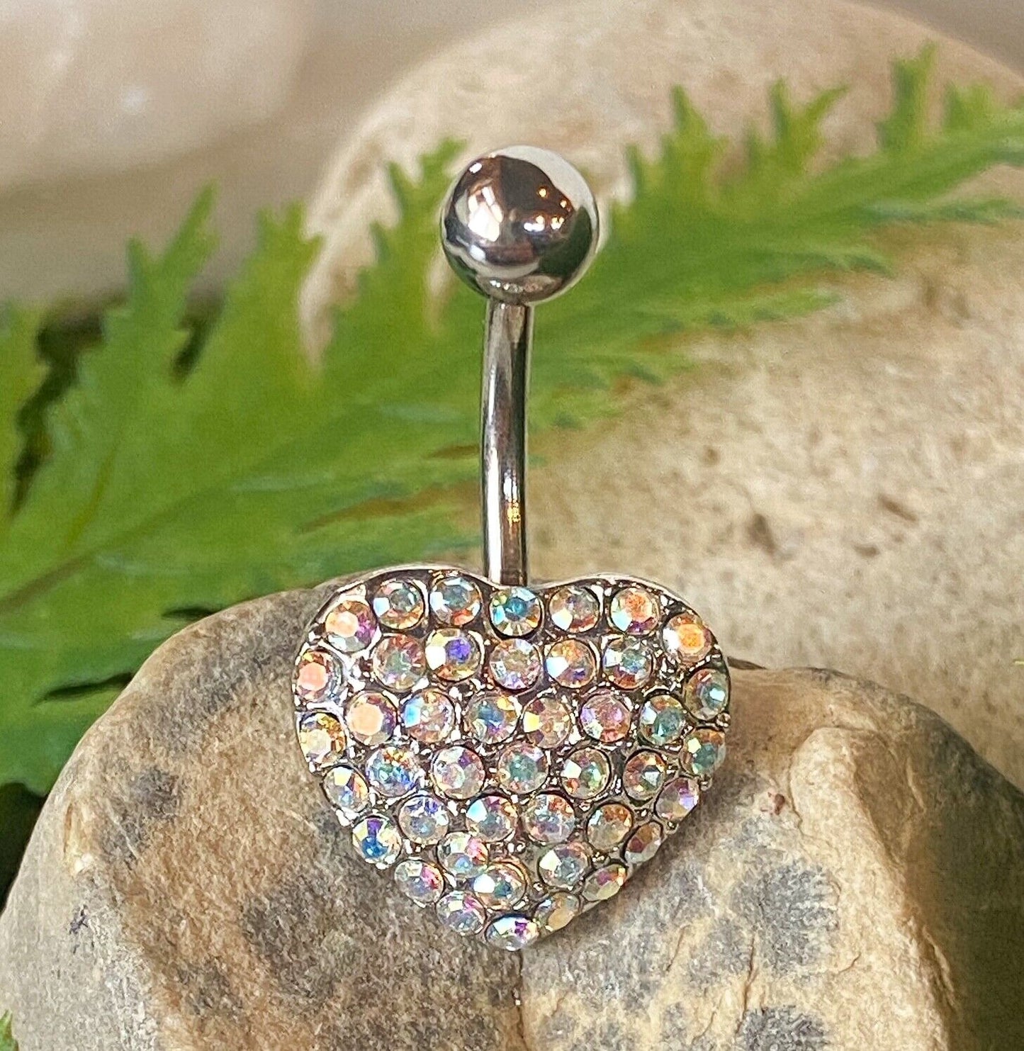 Heart Paved W/ Crystal Gems Belly Ring Navel Naval Body Jewelry