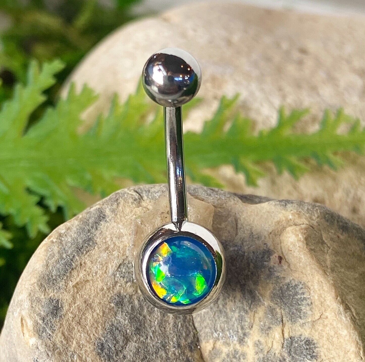 Solitaire Opal Glitter Gem Belly Ring 316L Surgical Steel Navel Naval