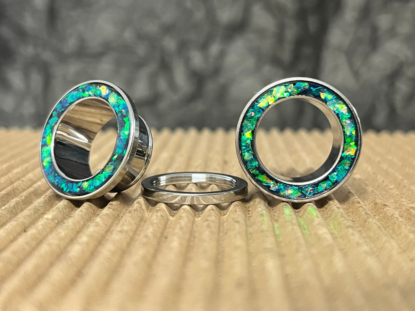 PAIR Green Opal Glitter Rim Screw Fit Tunnels Ear Plugs Earlet Rimmed Gauges