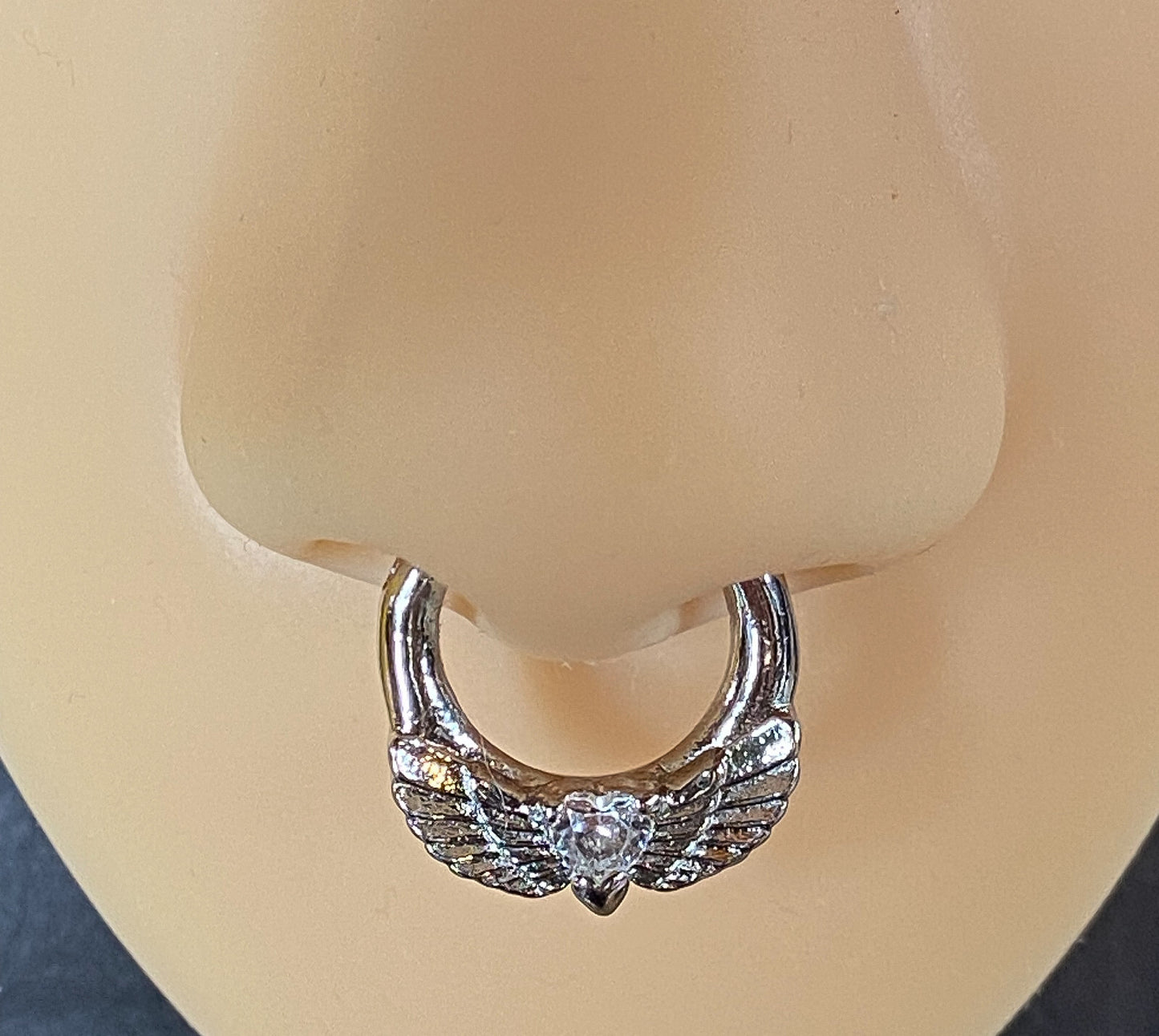 1pc Angel Wings w/Heart CZ Gem Septum Clicker Nose Ring Body Jewelry