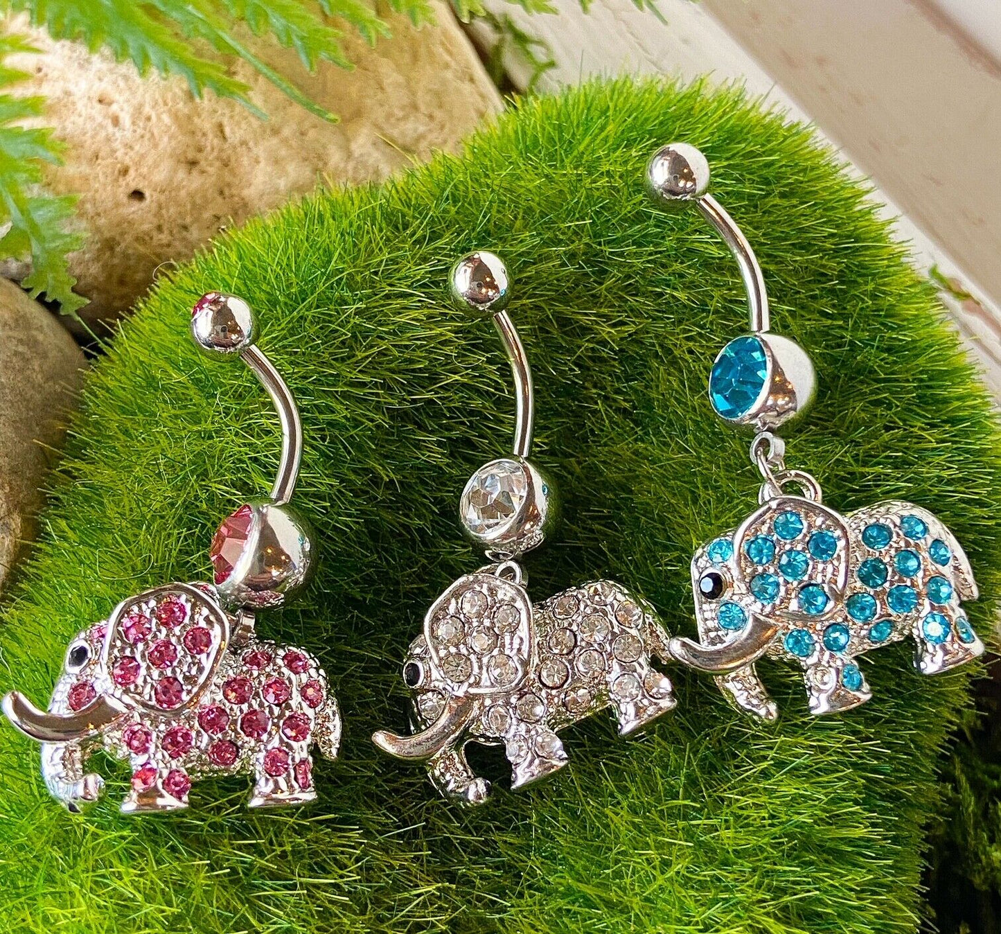 Elephant Dangle Belly Ring Paved CZ Gems Pierced Navel Naval Tusk 14g
