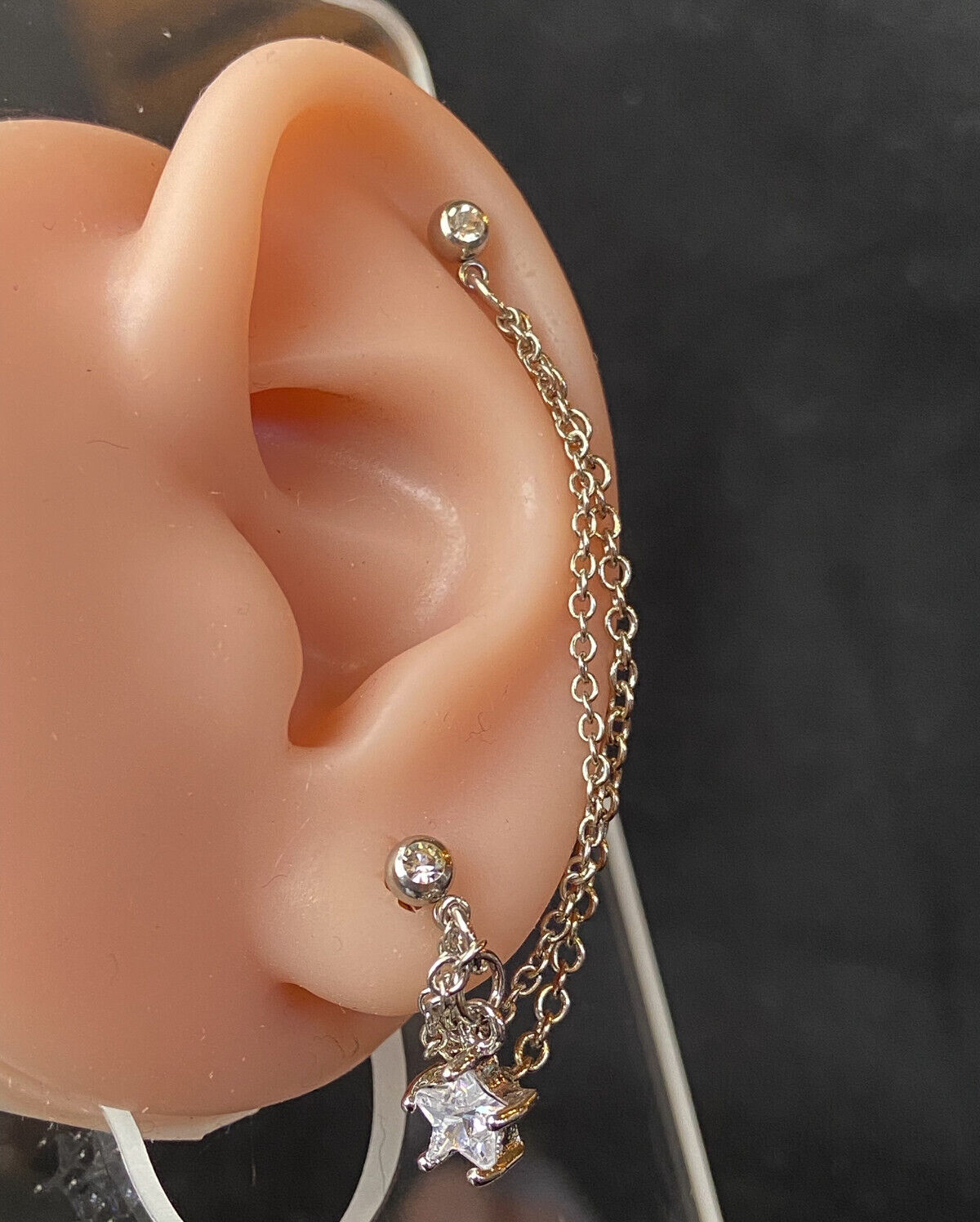 Steel Double Chain Linked Gem Star Ring Cartilage Tragus Helix Barbell Jewelry
