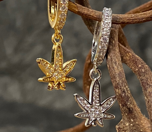 PAIR of CZ Gem Paved Pot Leaf Hinged Hoop Earrings Huggies 18g