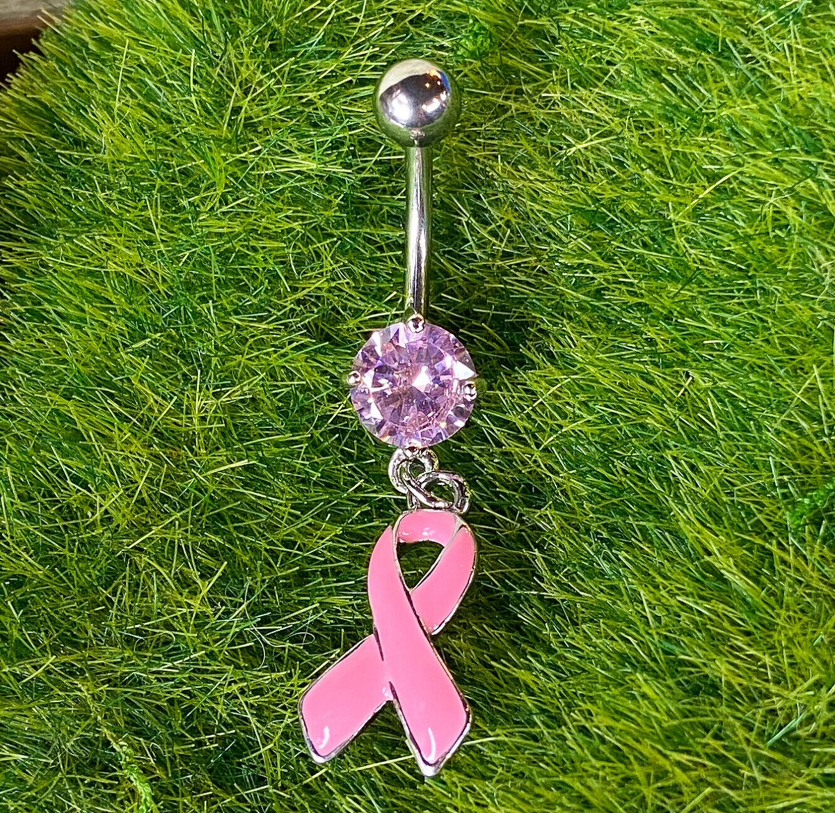 1pc Breast Cancer Awareness Pink Ribbon CZ Gem Belly Ring Pierced Navel Naval