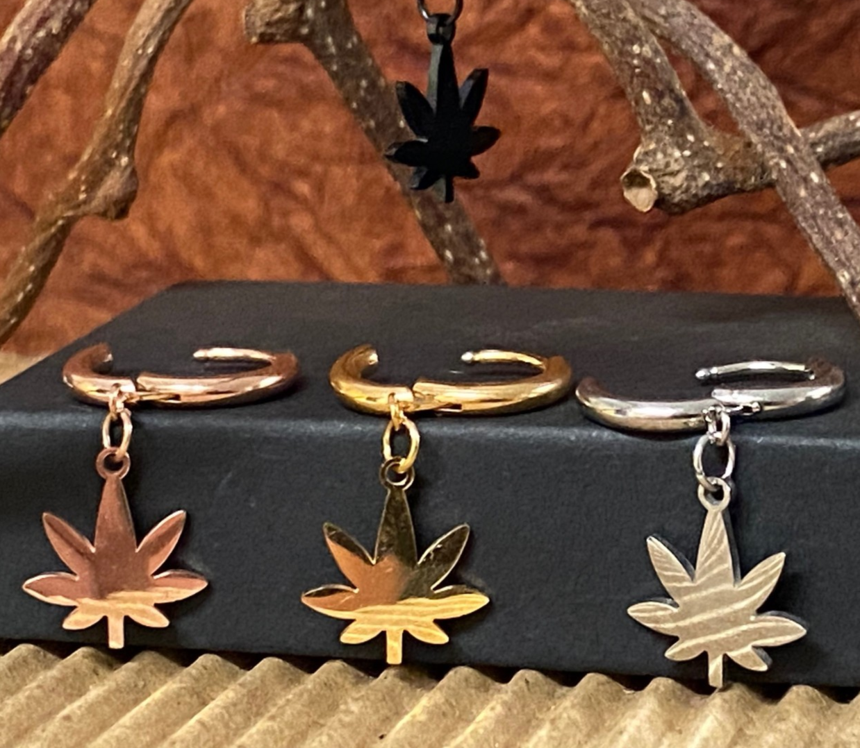 PAIR of Pot Leaf Dangle Hinged Hoop Earrings Huggies 18g 316L Stainless Steel