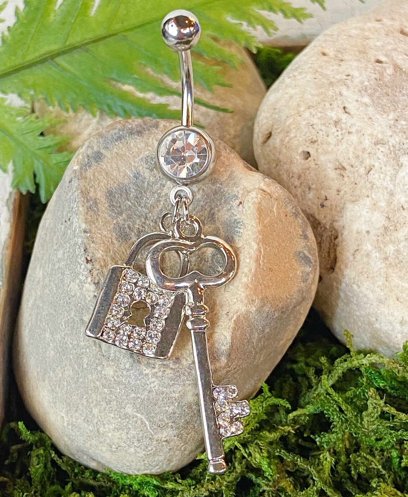 Paved Lock & Key CZ Gem Belly Ring Navel Naval Clear, Pink, Aqua