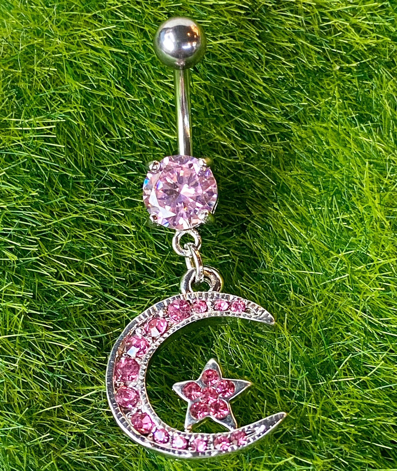 Moon Star Dangle Paved CZ Gem Belly Ring Pierced Navel Naval 14g