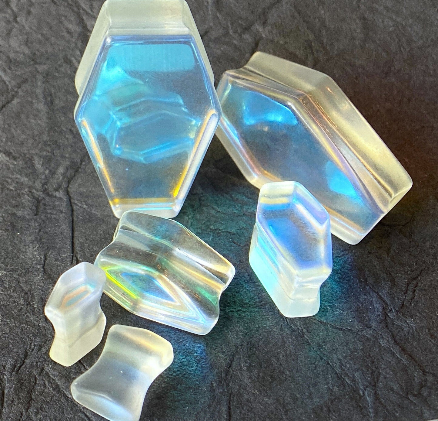 PAIR Luminous Moonstone Iridescent Glass Coffin Shaped Plugs Gauges Tunnels
