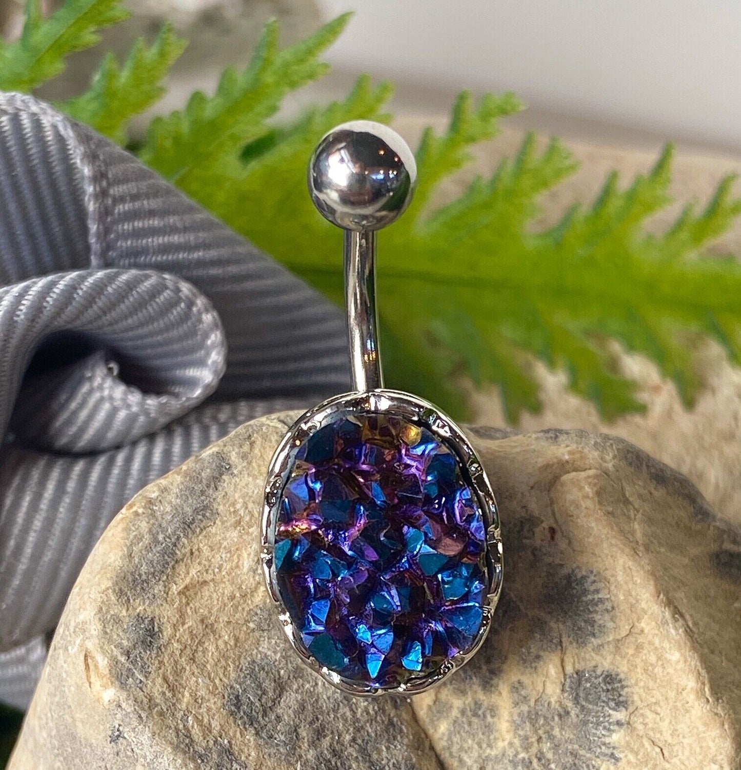Rough Cut Druzy Stone Iridescent Navel Ring Naval Belly Button Body Jewelry