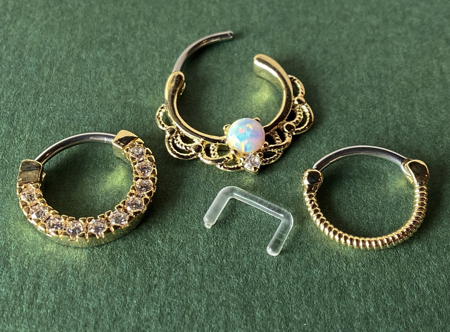 3pc Value Pack: 16g Opal / CZ Gem / Rope Septum Clicker Rings, w/free Retainer!