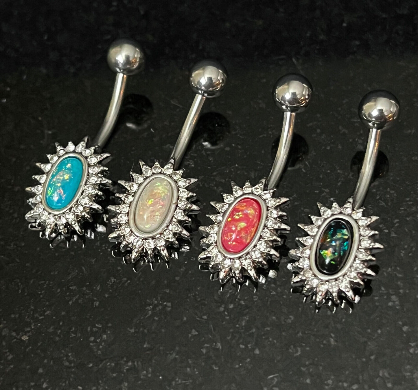 Crystal Paved Oval Sunburst Belly Ring Opal Glitter Center Naval Piercing Navel